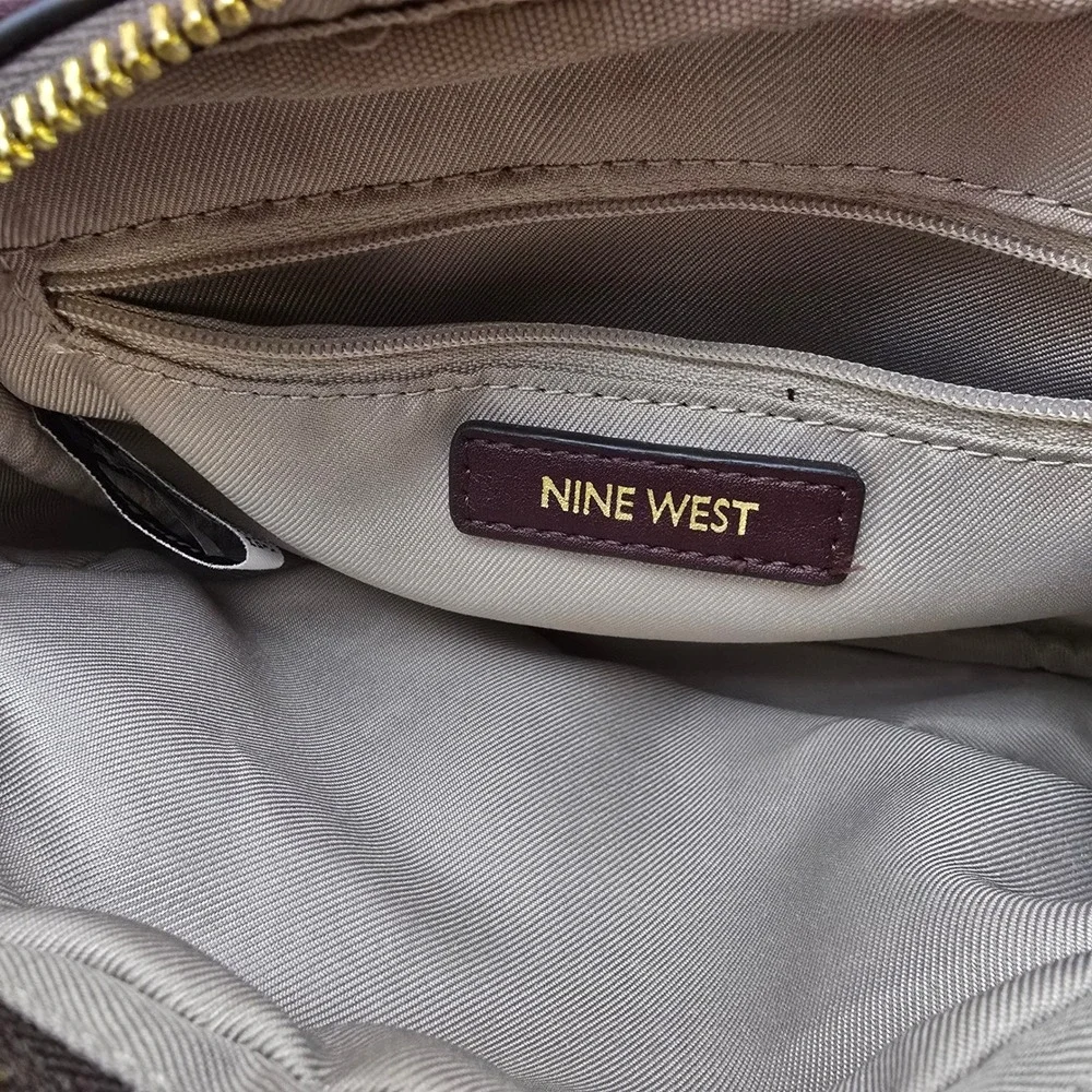 Nine West Monogram Crossbody Bag Burgundy Faux Leather Double Zip